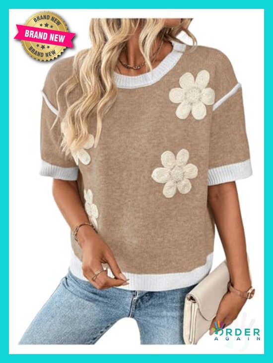 Sweaters - Rib Knit Floral Pullover Sweater, Short Sleeve, Crew Neck, Loose Fit, Polyester